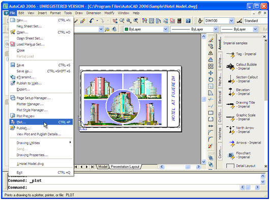Откройте чертеж в программе AutoCAD и нажмите Файл->Чертить... в меню приложения