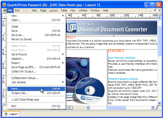 �������� �������� � ��������� QuarkXPress � ������� File->Print... � ���� ����������.