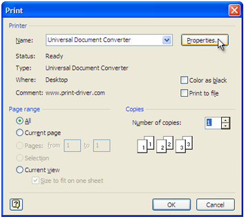 Выберите Universal Document Converter из списка доступных вам принтеров и нажмите кнопку Параметры...