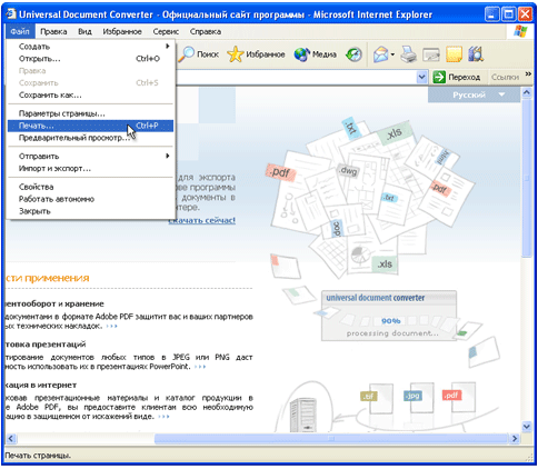 Нажмите Файл->Печать... в меню программы Internet Explorer.